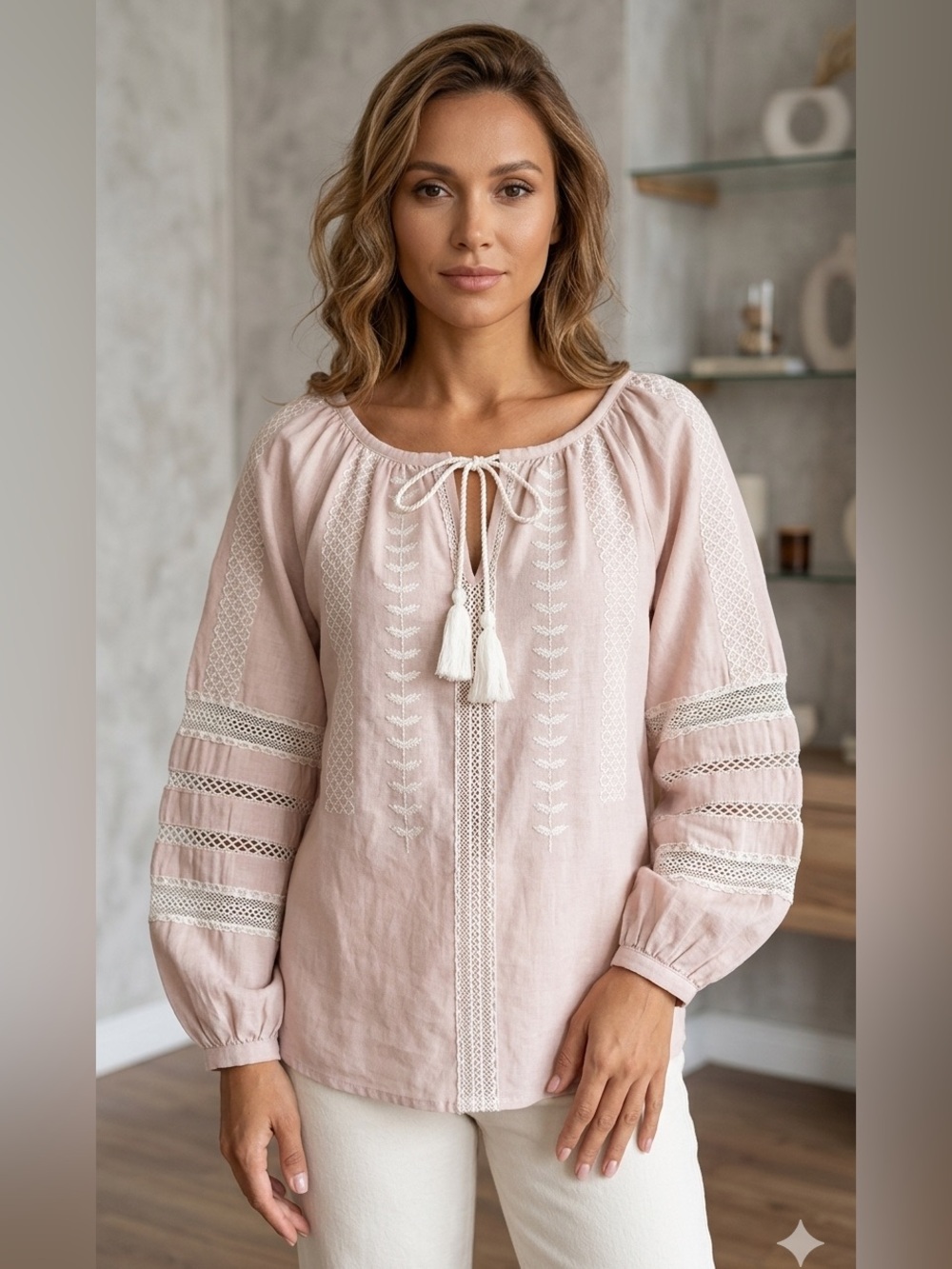 Artelier Nicole Miller Boho Embroidered Puff Sleeve Top Blush Pink Sz L NWT